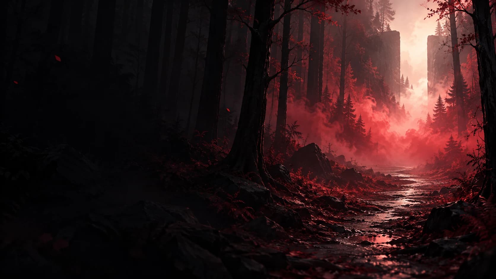 Original illustration of red mist spreading across a dark woodland path with a distant glowing escape route.